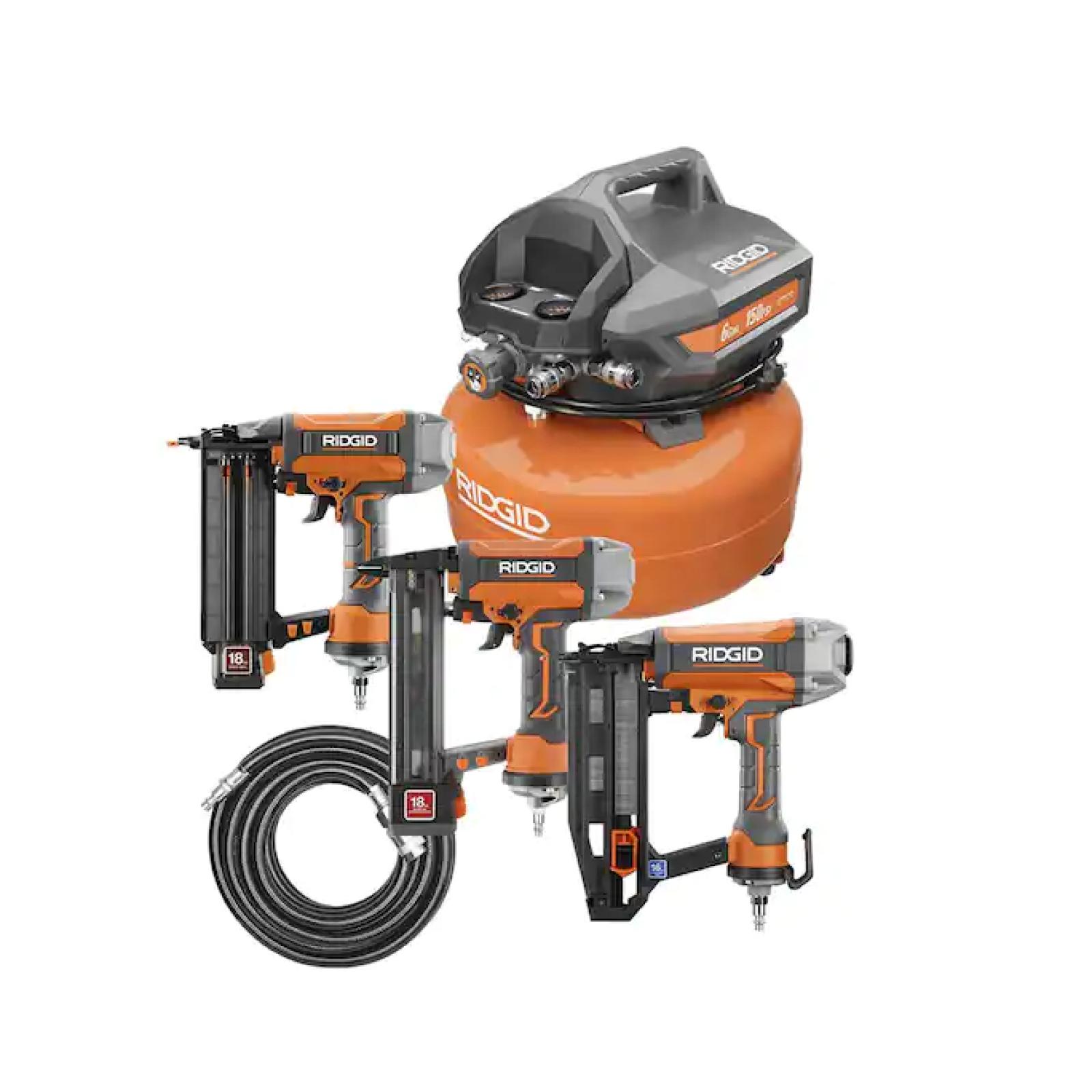 NEW! - RIDGID 6 Gal. Portable Electric Pancake Air Compressor w/ 18GA Brad Nailer, 16GA Straight Finish Nailer, & 18GA Finish Stapler