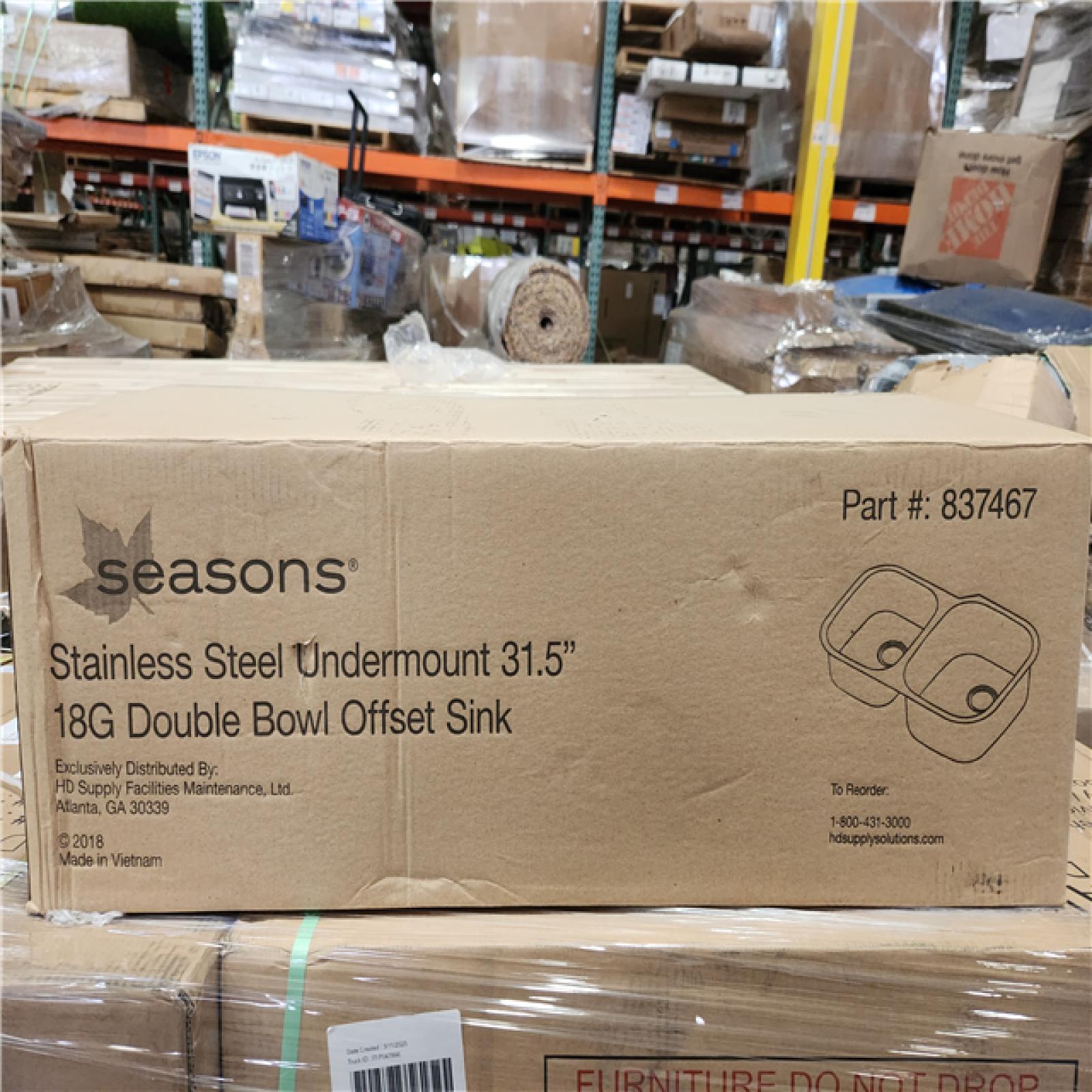 Phoenix Location NEW Seasons Stainless Steel Undermount 31 18G Double Bowl Offset Sink Pallet (10 Total)