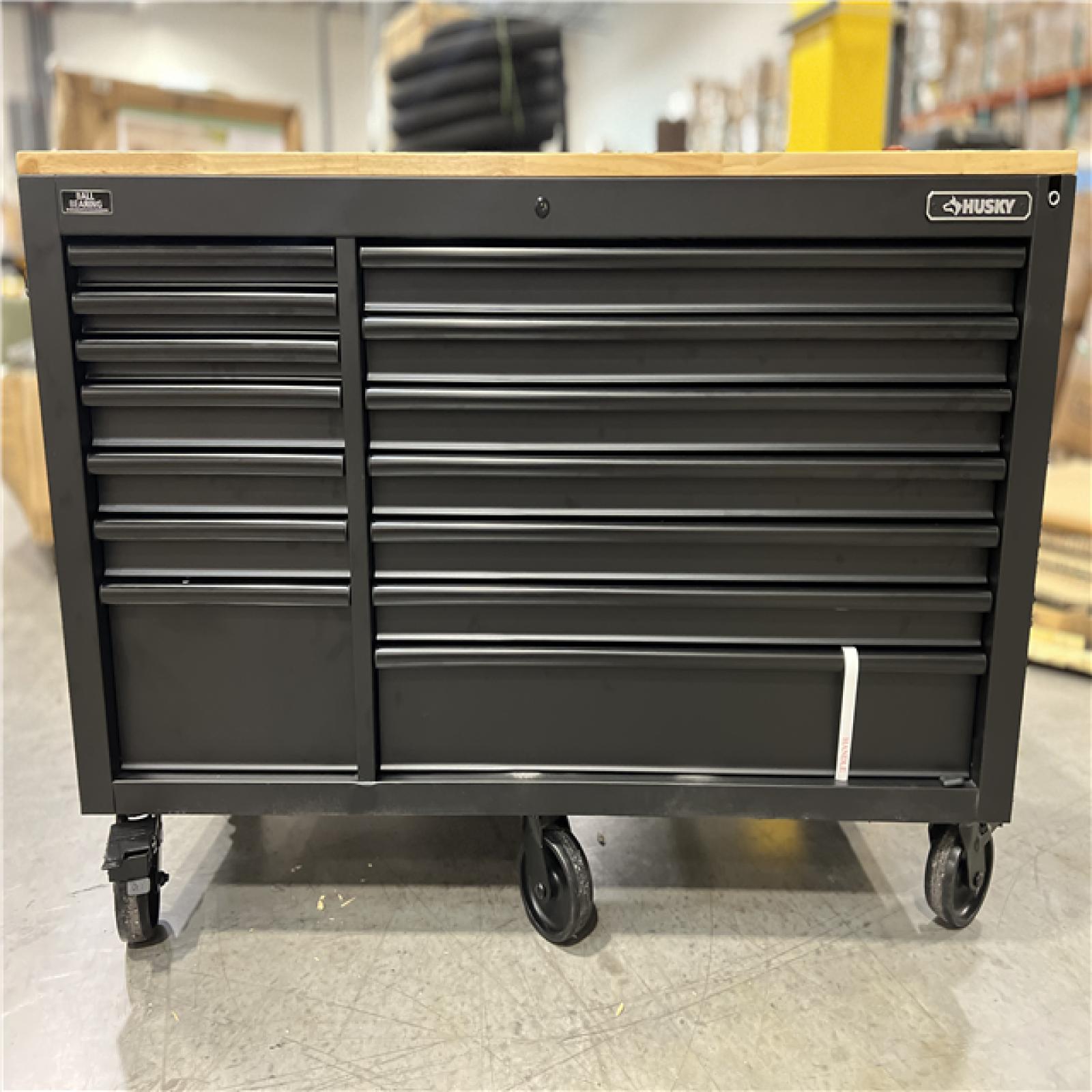 DALLAS LOCATION - Husky Tool Storage 62 in. W Heavy Duty Matte Black Mobile Workbench Cabinet with Adjustable Height Wood Top