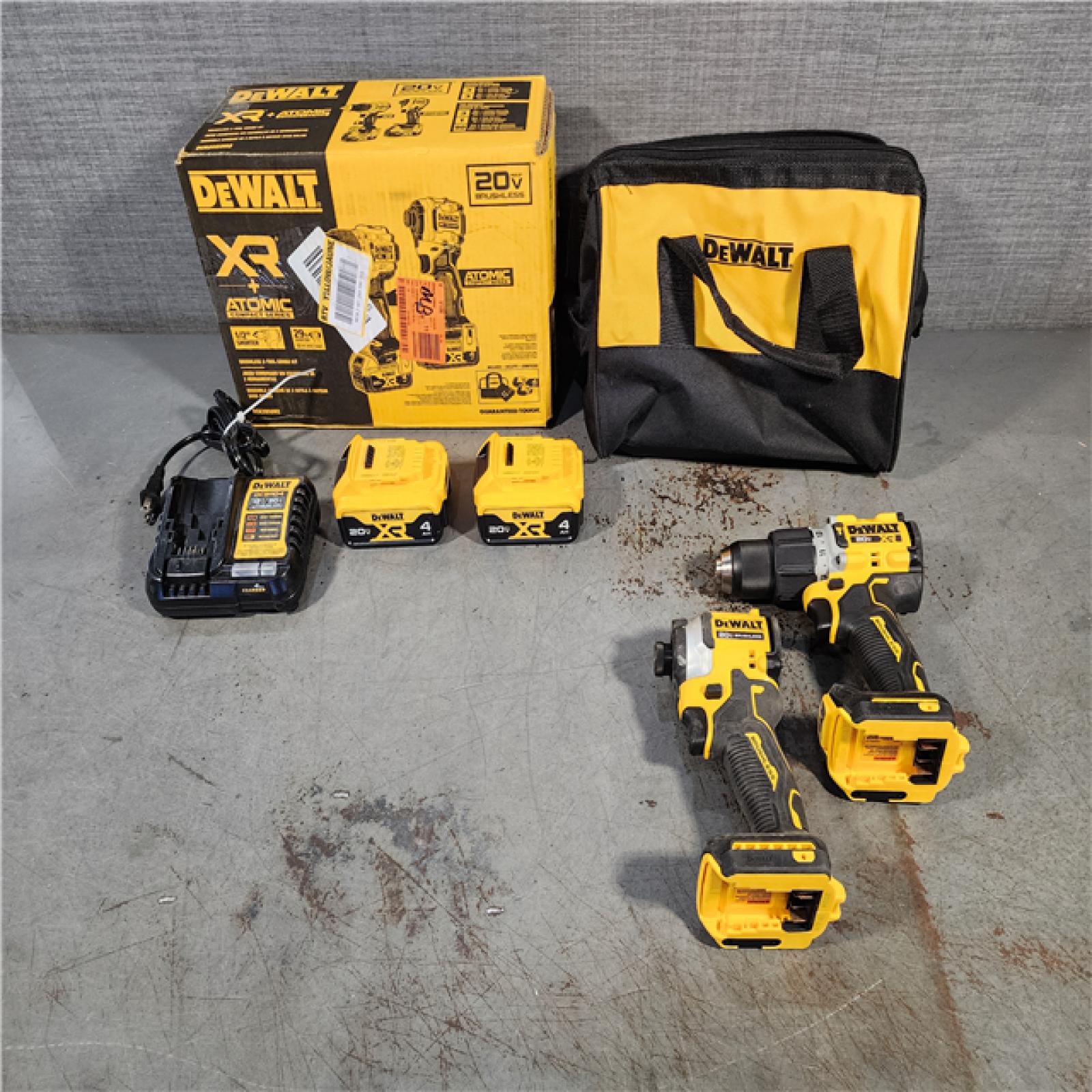 HOUSTON LOCATION - AS-IS DEWALT 20V MAX XR Hammer Drill and ATOMIC Impact Driver 2 Tool Cordless Combo Kit with (2) 4.0Ah Batteries, Charger, and Bag