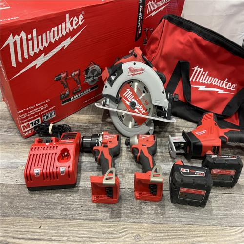 AS-IS Milwaukee M18 18-Volt Lithium-Ion Brushless Cordless Combo Kit (4-Tool) with 2-Batteries, 1-Charger and Tool Bag