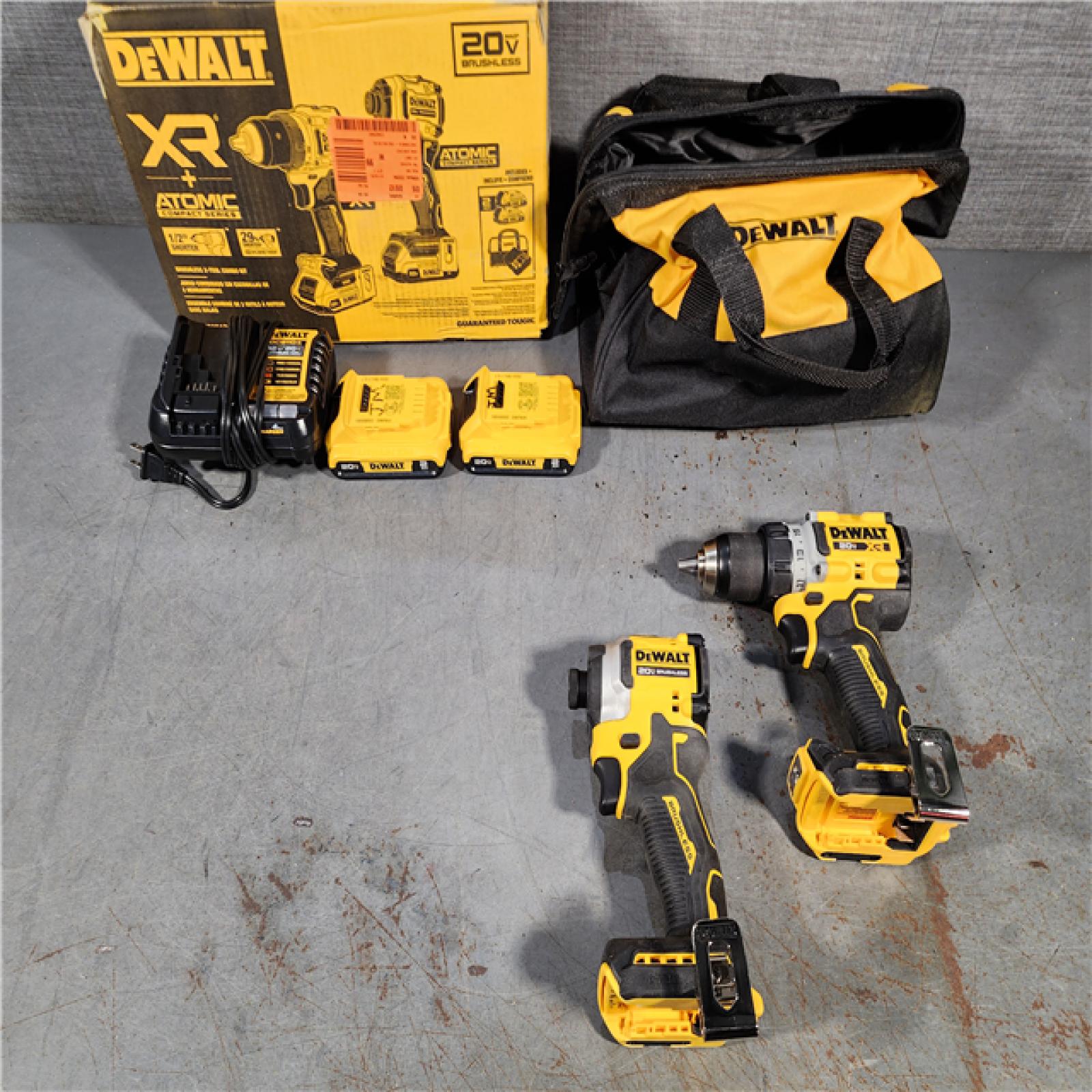 HOUSTON LOCATION - AS-IS DEWALT 20V MAX XR Cordless Drill/Driver, ATOMIC Impact Driver 2 Tool Combo Kit, (2) 2.0Ah Batteries, Charger, and Bag