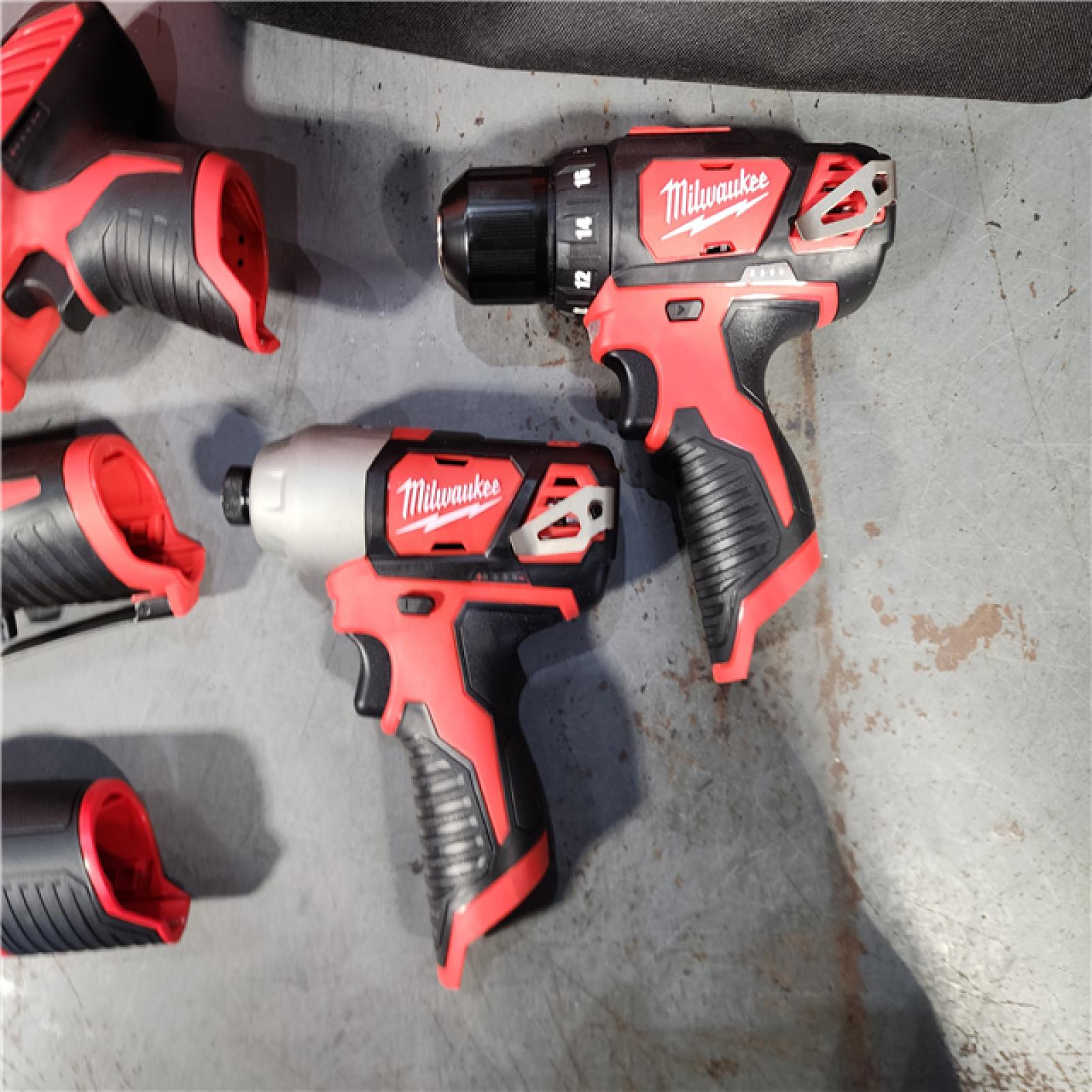 HOUSTON LOCATION - AS-IS (APPEARS LIKE NEW) MILWAUKEE M12 12V Lithium-Ion Cordless Combo Kit (5-Tool) with Two 1.5Ah Batteries, Charger & Tool Bag