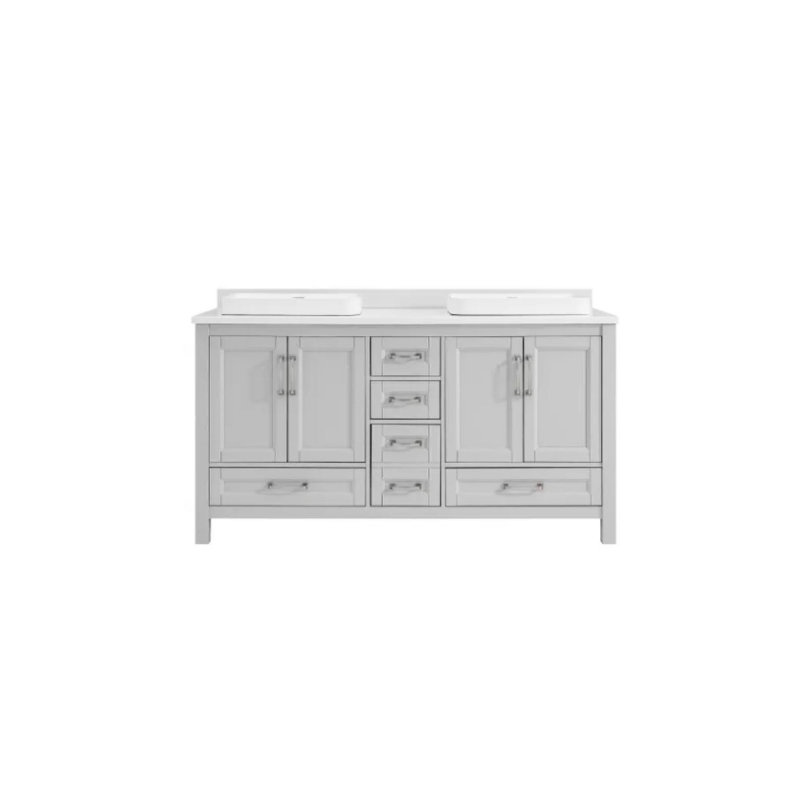 DALLAS LOCATION - Home Decorators Collection Bentworth 60 in. Double Semi-Recessed Sinks Light Gray Bath Vanity with White Engineered Marble Top (Assembled)