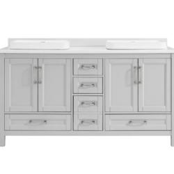 DALLAS LOCATION - Home Decorators Collection Bentworth 60 in. Double Semi-Recessed Sinks Light Gray Bath Vanity with White Engineered Marble Top (Assembled)