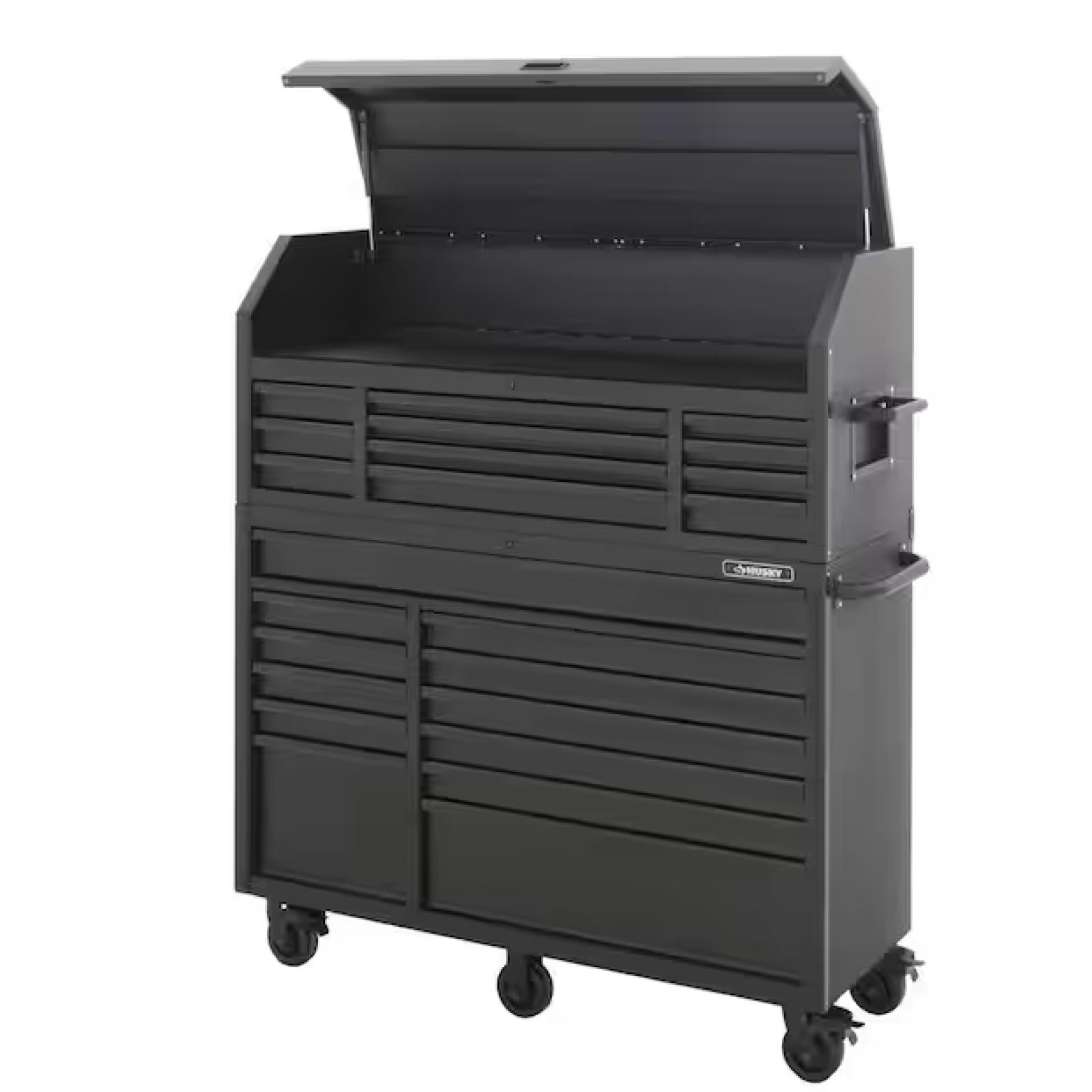 DALLAS LOCATION - Husky 56 in. W x 22 in. D Heavy Duty 23-Drawer Combination Rolling Tool Chest and Top Tool Cabinet Set in Matte Black