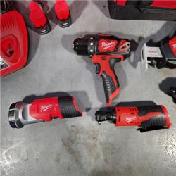 HOUSTON LOCATION - AS-IS (APPEARS LIKE NEW) MILWAUKEE M12 12V Lithium-Ion Cordless Combo Kit (5-Tool) with Two 1.5Ah Batteries, Charger & Tool Bag