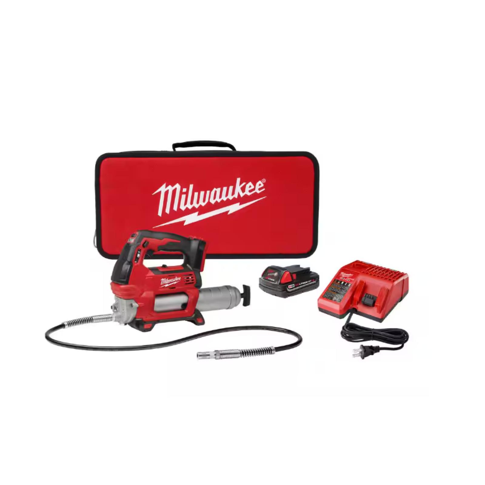 NEW! - Milwaukee M18 18V Lithium-Ion Cordless Grease Gun 2-Speed with (1) 1.5Ah Batteries, Charger, Tool Bag