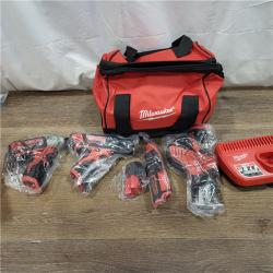 AS-IS M12 12V Lithium-Ion Cordless 4-Tool Combo Kit with (2) Compact 1.5Ah Batteries and Charger