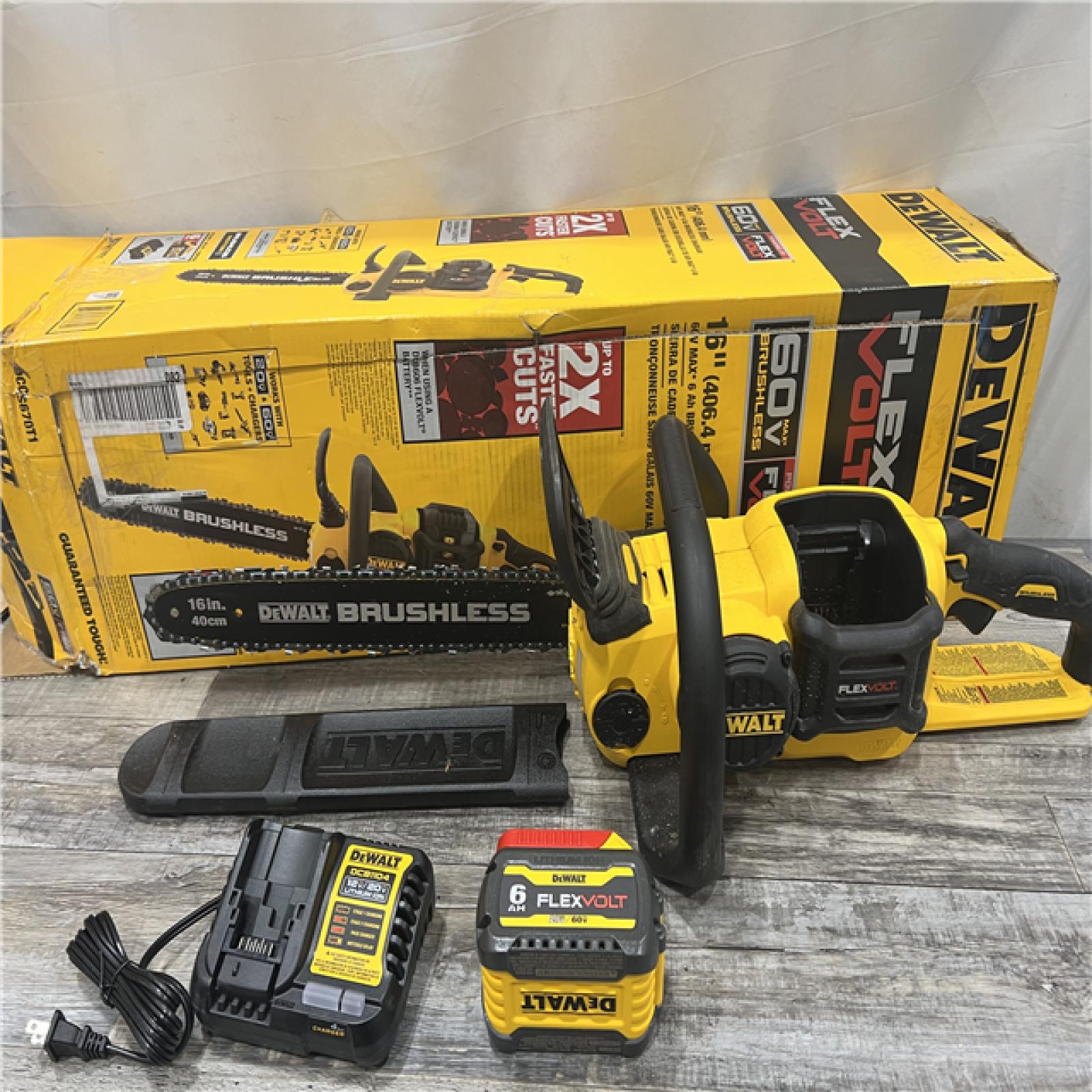 AS-IS DEWALT FLEXVOLT 60V MAX 16in. Brushless Cordless Battery Powered Chainsaw Kit with (1) FLEXVOLT 2 Ah Battery & Charger