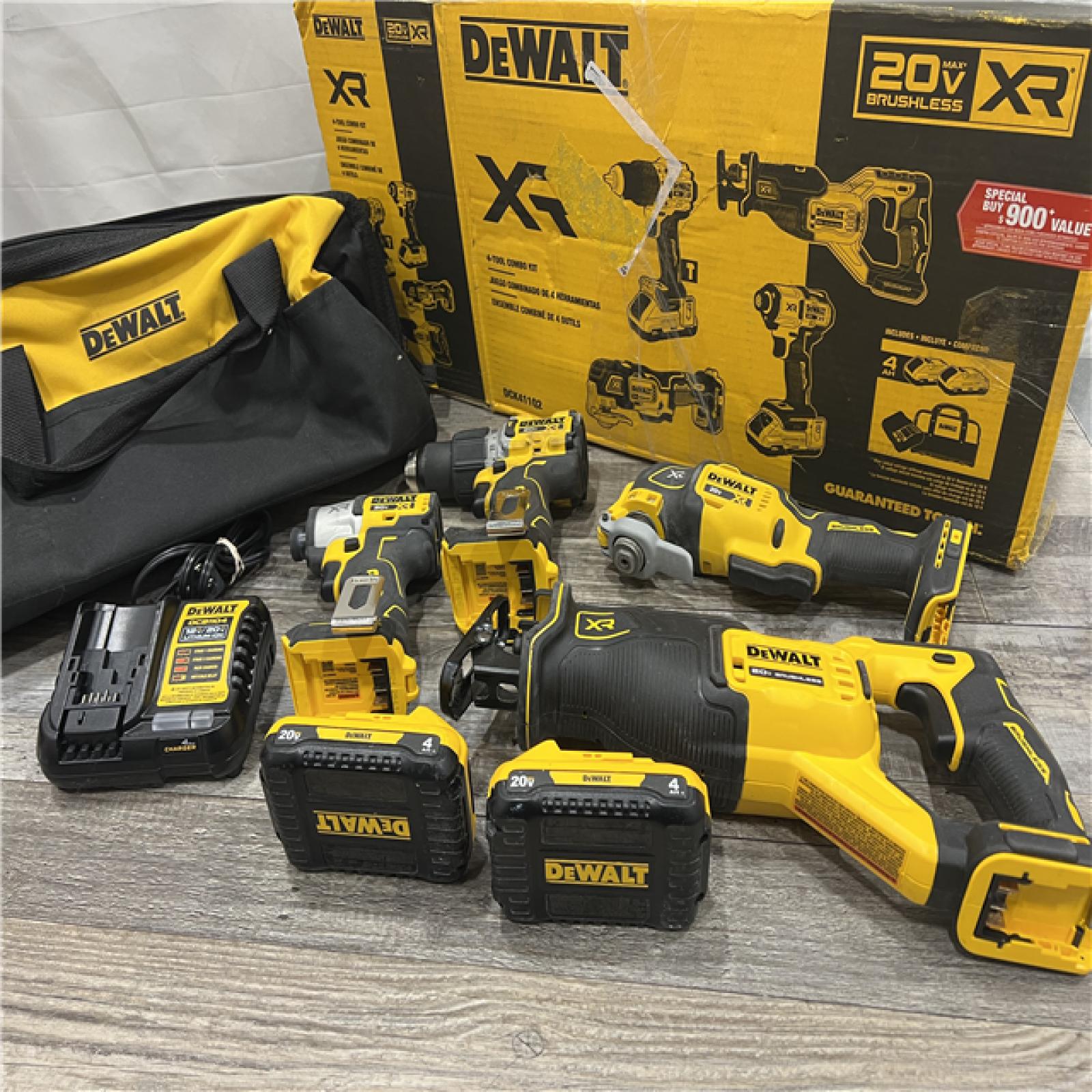 AS-IS DEWALT 20-Volt Maximum Lithium-Ion Cordless 4-Tool Combo Kit with (2) 4 Ah Batteries and Charger