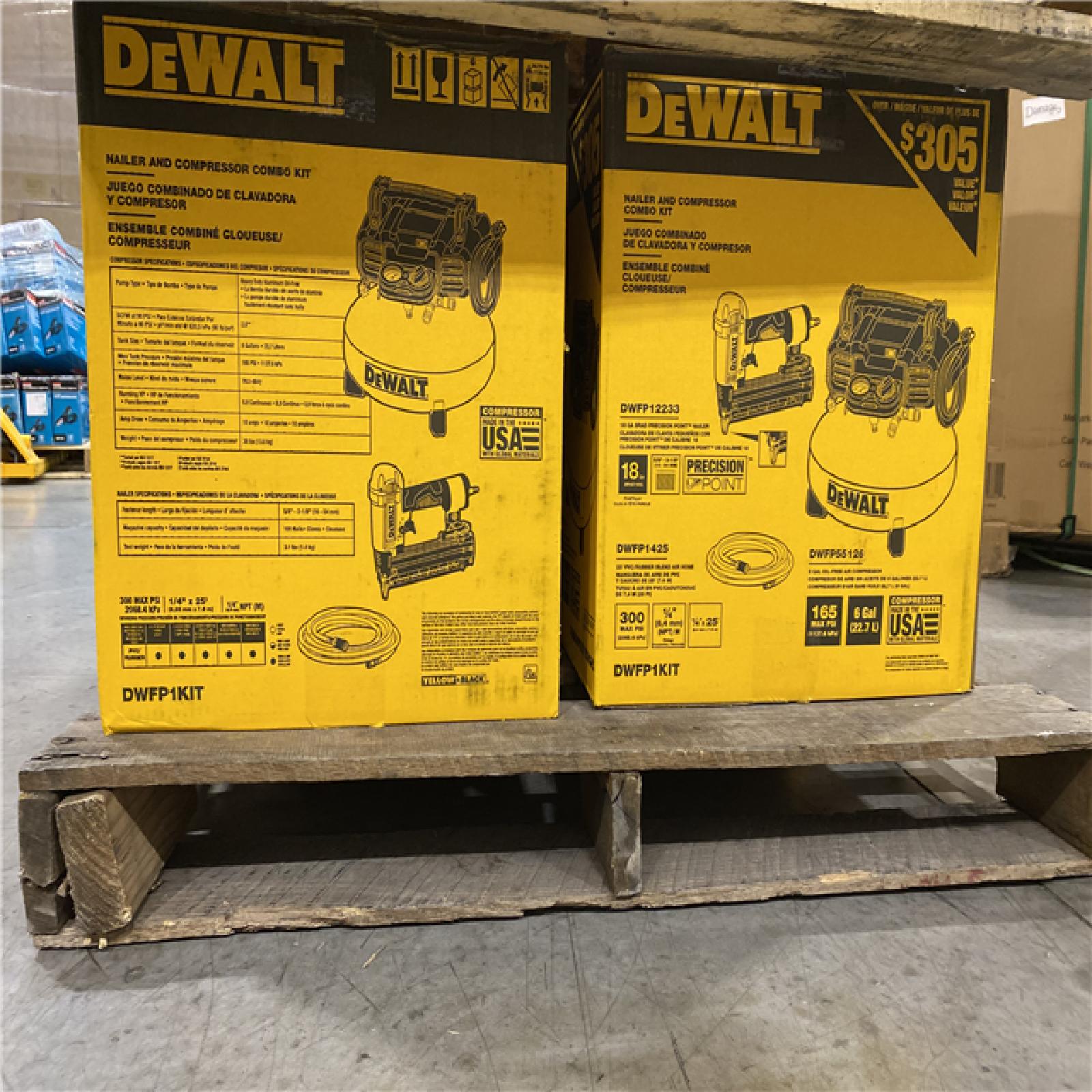 DALLAS LOCATION - NEW! DEWALT 6 Gal. 18-Gauge Brad Nailer and Heavy-Duty Pancake Electric Air Compressor Combo Kit PALLET -(4 UNITS)