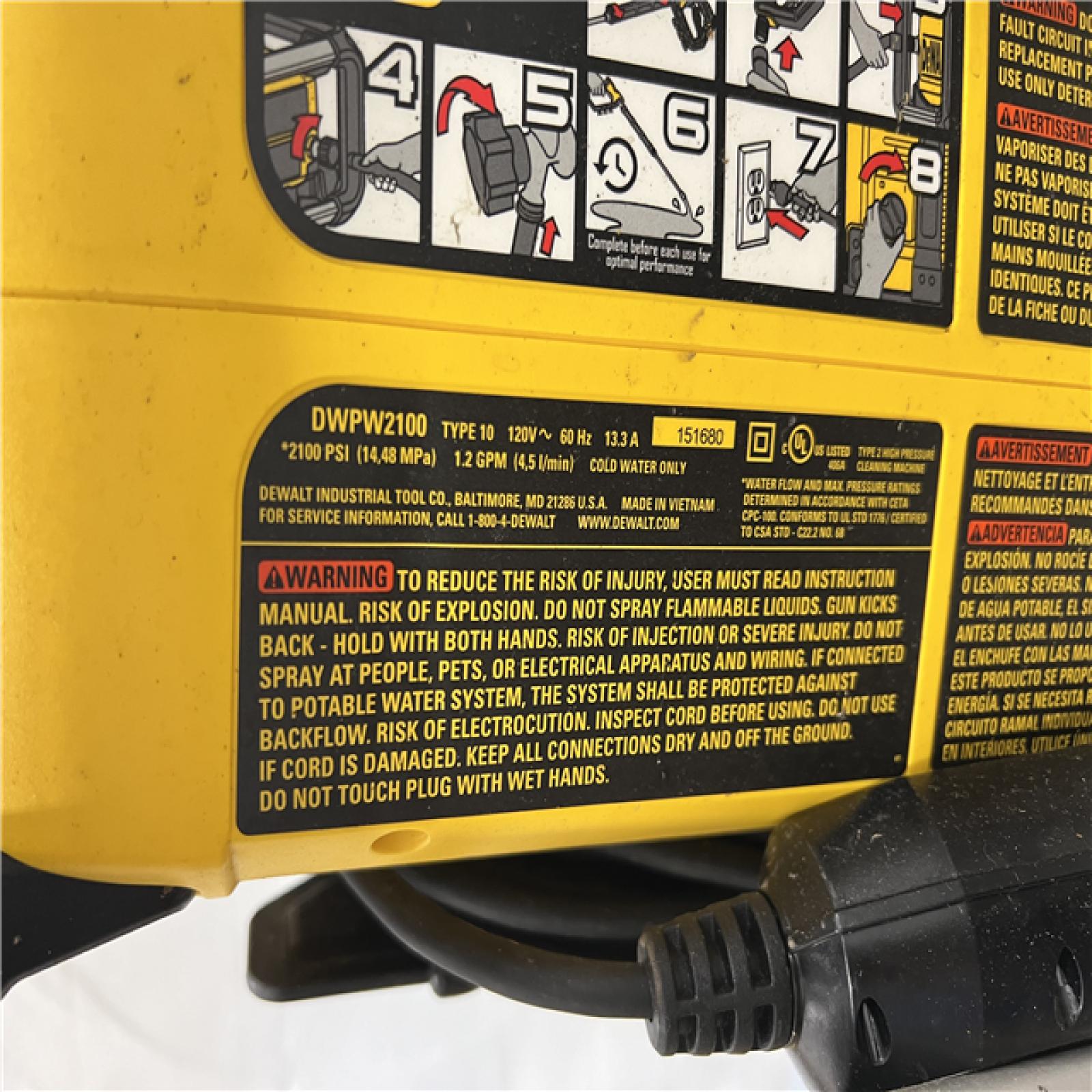 AS-IS DeWalt 2100 PSI 13 Amp Cold Water Electric Pressure Washer with Internal Equipment Storage