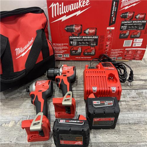 AS-IS MILWAUKEE M18 18-Volt Lithium-Ion Brushless Cordless Compact Hammer Drill/Impact Combo Kit (2-Tool) with (2) Batteries, Bag