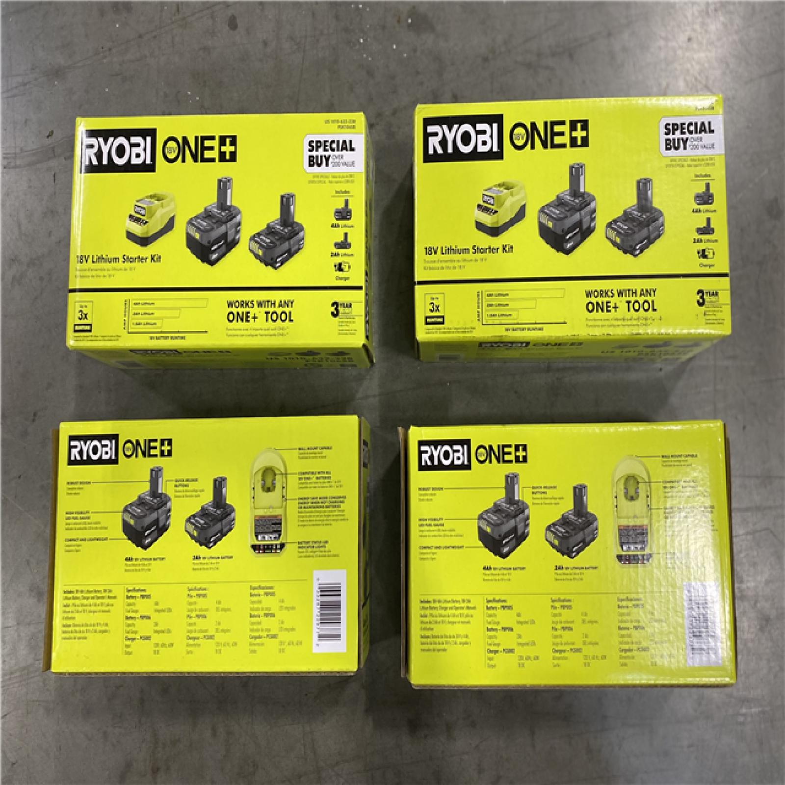 NEW! - RYOBI ONE+ 18V Lithium-Ion Starter Kit with 2.0 Ah Battery, 4.0 Ah Battery, and Charger - (4 UNITS)