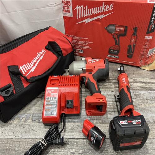 AS-IS MILWAUKEE  12/18V Lithium-Ion Cordless 3/8 in. Ratchet and 1/2 in. High Torque Impact Wrench with Friction Ring Combo Kit