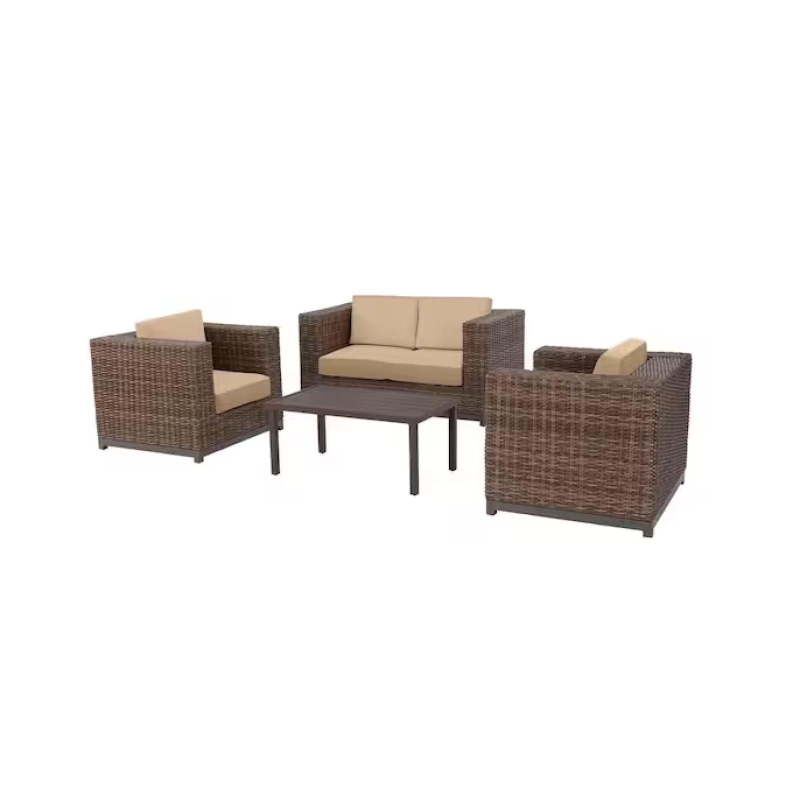 DALLAS LOCATION - Hampton Bay Fernlake 4-Piece Brown Wicker Outdoor Patio Deep Seating Set with Sunbrella Beige Tan Cushions