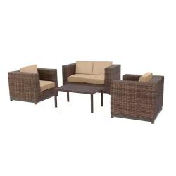 DALLAS LOCATION - Hampton Bay Fernlake 4-Piece Brown Wicker Outdoor Patio Deep Seating Set with Sunbrella Beige Tan Cushions