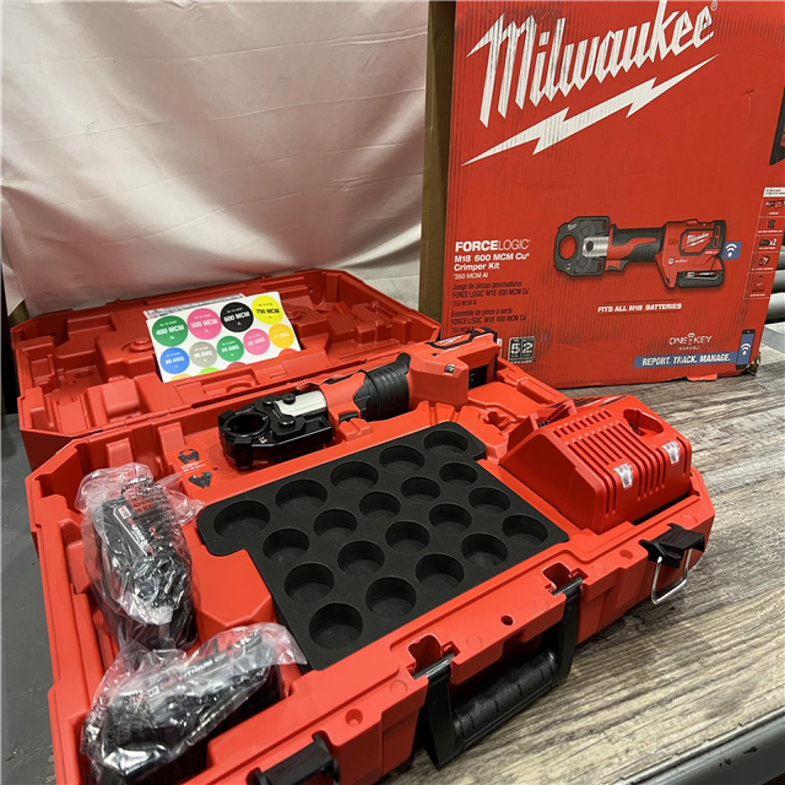 AS-IS MILWAUKEE M18 18-Volt Lithium-Ion Cordless FORCE LOGIC 600 MCM Crimper Kit W/(2) 2.0Ah Batteries, Charger, Hard Case