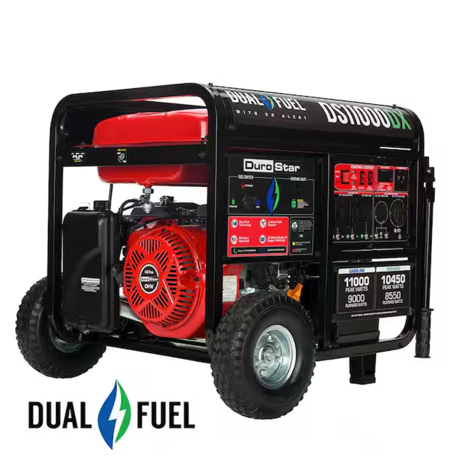 DALLAS LOCATION - Durostar 11,000-Watt/9,000-Watt 457 cc Electric Start Dual Fuel Gas Propane Portable Home Power Back Up Generator with CO Alert