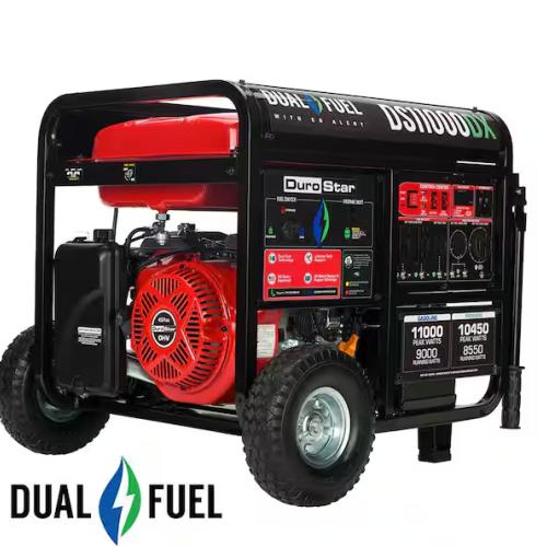 DALLAS LOCATION - Durostar 11,000-Watt/9,000-Watt 457 cc Electric Start Dual Fuel Gas Propane Portable Home Power Back Up Generator with CO Alert