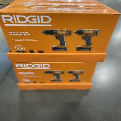 NEW! -RIDGID 18V Cordless 2-Tool Combo Kit with Drill/Driver, Impact Driver, (2) 2.0 Ah Batteries, and Charger- (6 UNITS)