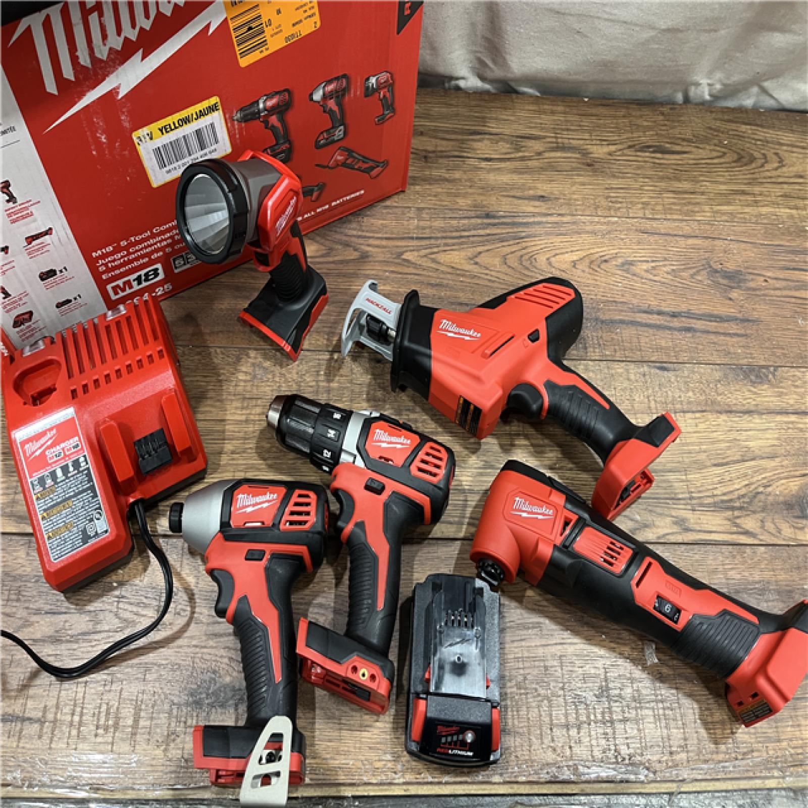 AS-IS Milwaukee M18 18V Lithium-Ion Cordless Combo Kit (5-Tool) with (2) Batteries, Charger and Tool Bag