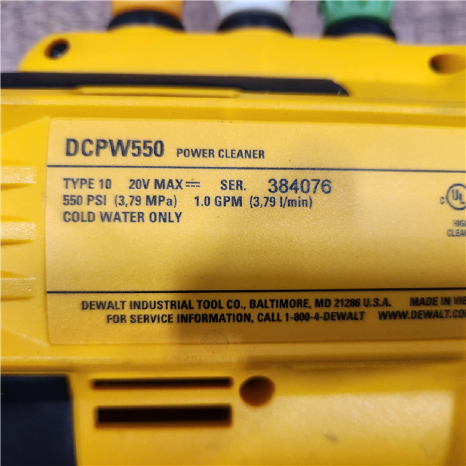 AS-IS DEWALT 20V MAX 550 PSI 1.0 GPM Cold Water Cordless Battery Power Cleaner with 4 Nozzles (Tool Only)