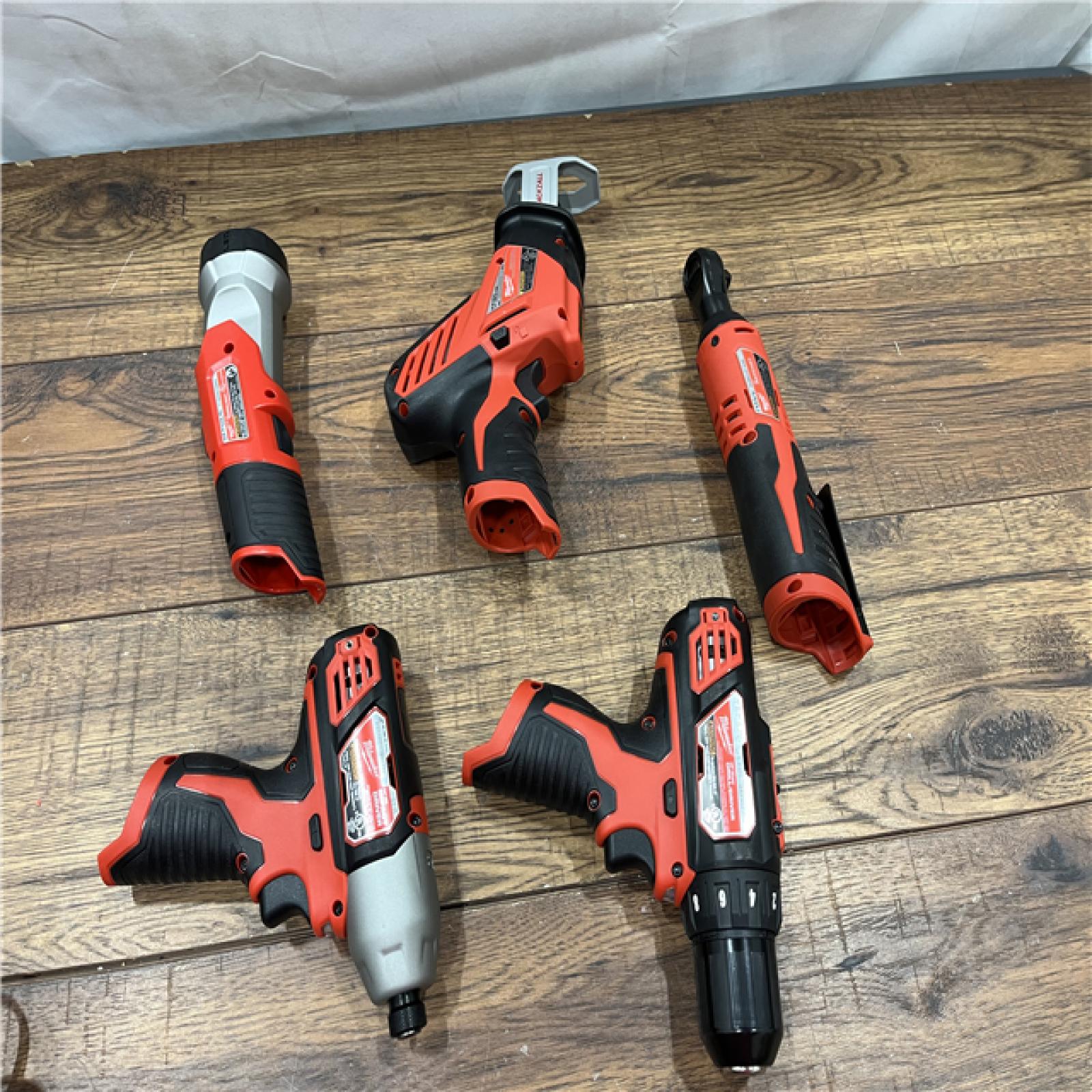 AS-IS MILWAUKEE M12 12V Lithium-Ion Cordless Combo Kit (5-Tool) with Two 1.5Ah Batteries, Charger & Tool Bag