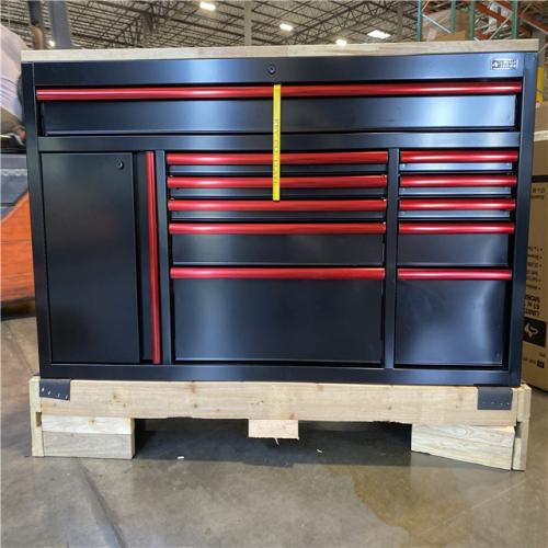 DALLAS LOCATION - HUSKY Limited Edition 61 in. W x 23 in. D 11-Drawer Black Mobile Workbench Cabinet with Solid Wood Top and Red Trim