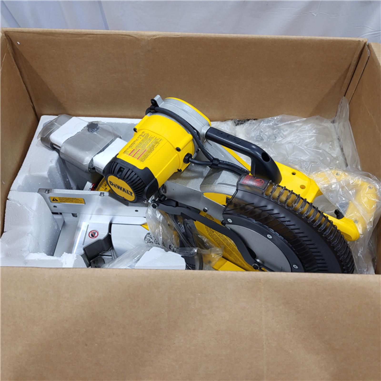 AS-IS DEWALT 15 Amp Corded 12 in. Double Bevel Sliding Compound Miter Saw, Blade Wrench and Material Clamp