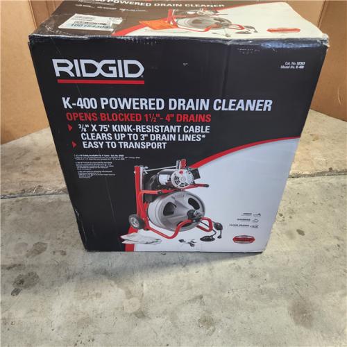 Houston location AS-IS RIGID K-400 Drain Cleaning Snake Auger 120-Volt Drum Machine with C-32IW 3/8 in. X 75 Ft. Cable + 4-Piece Tool Set & Gloves