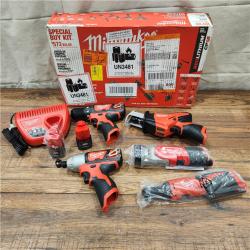 AS-IS MILWAUKEE M12 12V Lithium-Ion Cordless Combo Kit (5-Tool) with Two 1.5Ah Batteries, Charger & Tool Bag