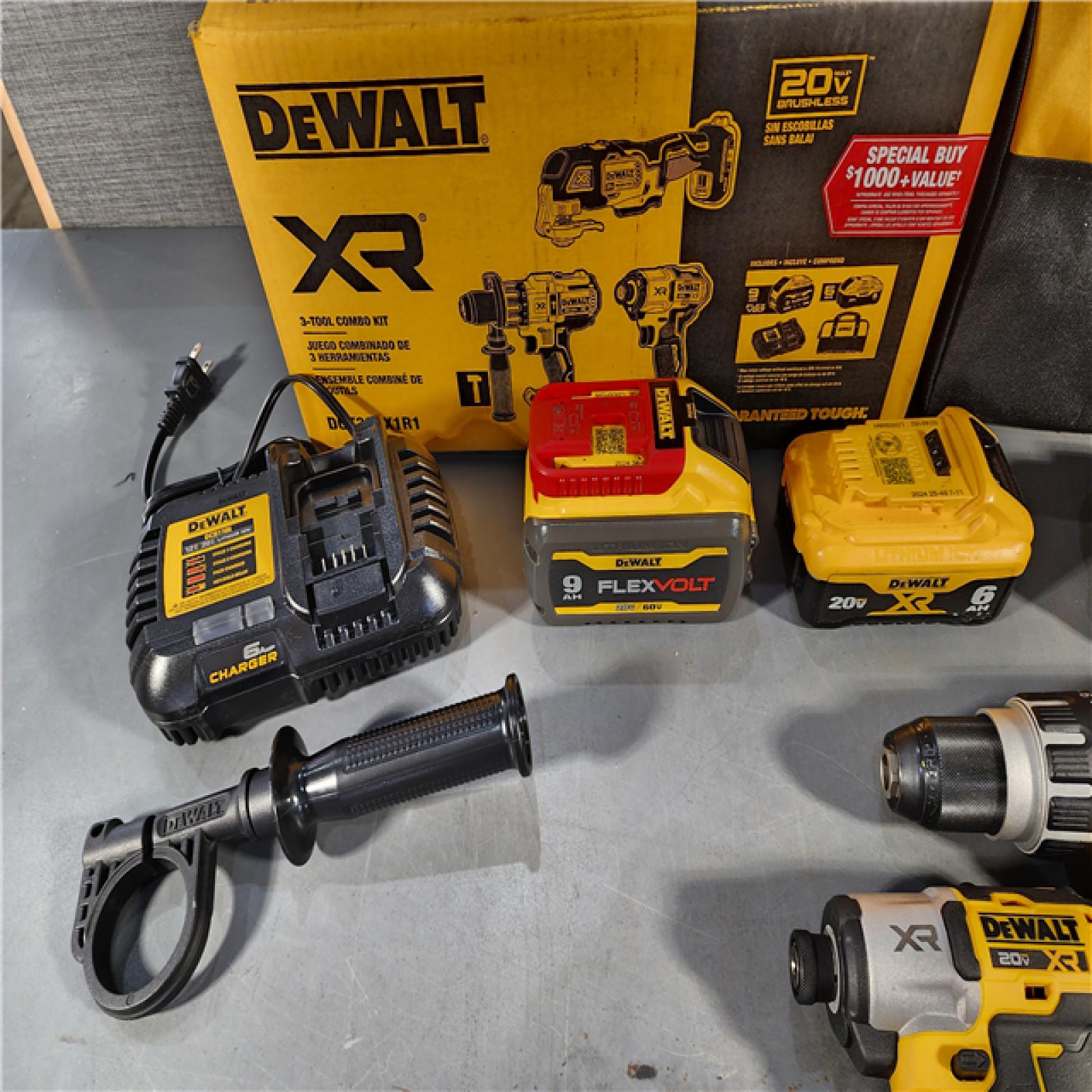 HOUSTON LOCATION - AS-IS (APPEARS LIKE NEW) DEWALT 20-Volt Lithium-Ion Cordless 3-Tool Combo Kit with FLEXVOLT 9 Ah and 20V 6 Ah Batteries and Charger