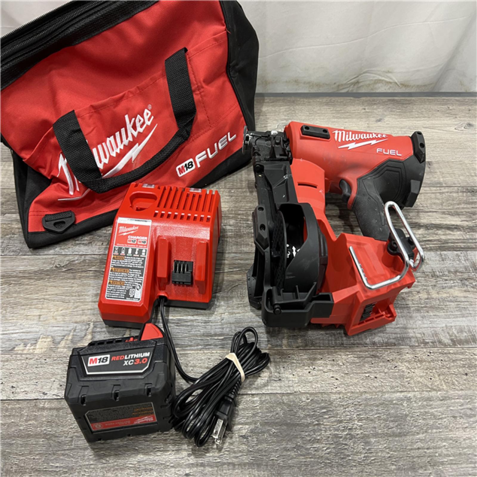 AS-IS MILWAUKEE M18 FUEL 18-Volt Lithium-Ion Brushless Cordless Coil Roofing Nailer Combo Kit with (1) 3.0 Ah Battery, Charger and Bag