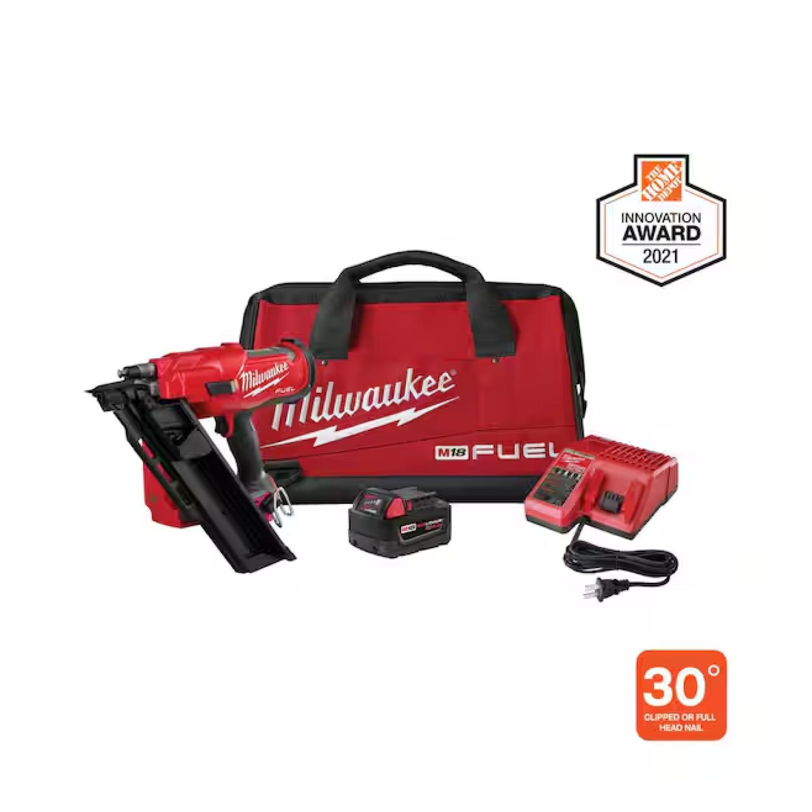 NEW! - Milwaukee M18 FUEL 3-1/2 in. 18-Volt 30-Degree Lithium-Ion Brushless Cordless Framing Nailer Kit with 5.0 Ah Battery Charger, Bag