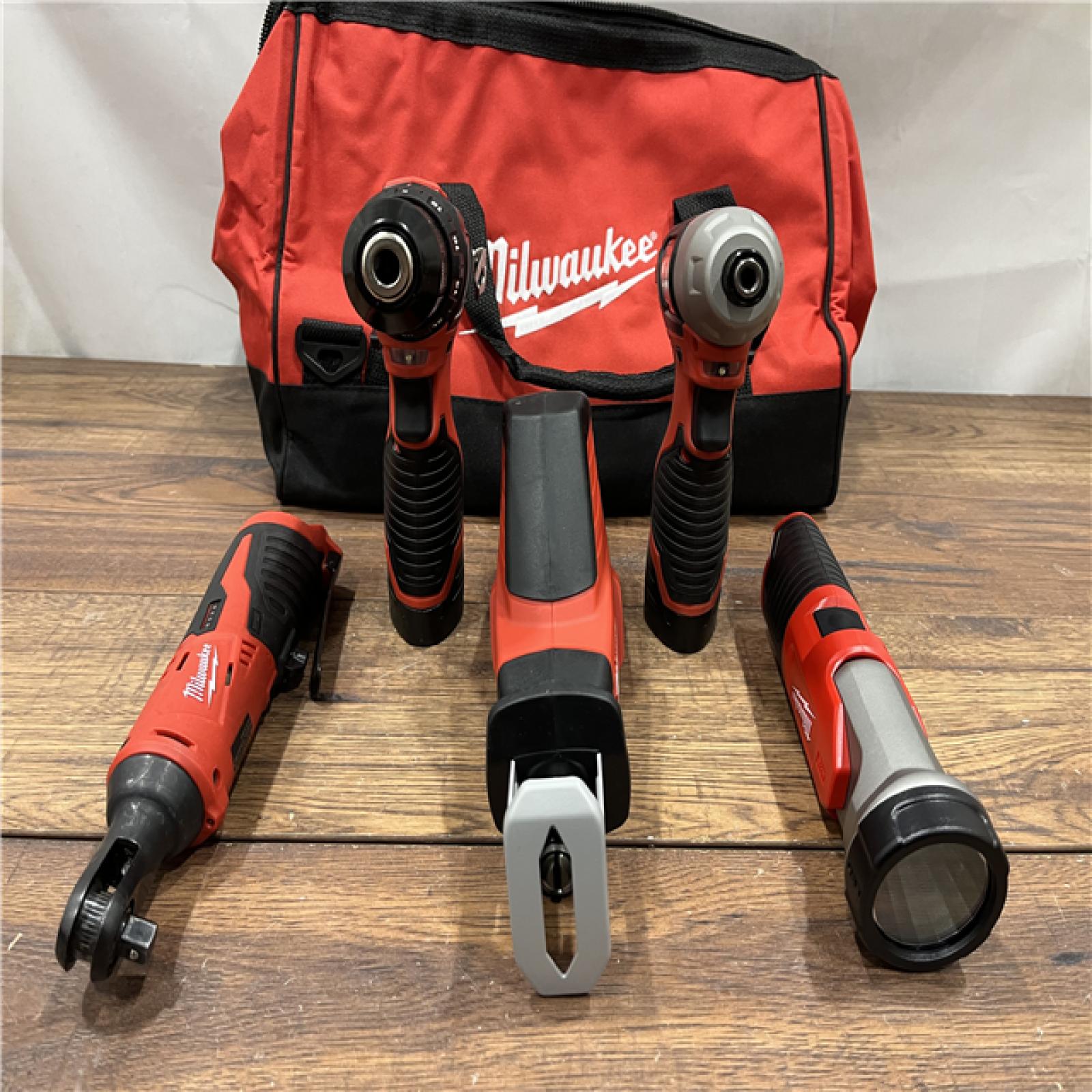 AS IS MILWAUKEE M12 12V Lithium-Ion Cordless Combo Kit (5-Tool) with Two 1.5Ah Batteries, Charger & Tool Bag