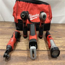 AS IS MILWAUKEE M12 12V Lithium-Ion Cordless Combo Kit (5-Tool) with Two 1.5Ah Batteries, Charger & Tool Bag