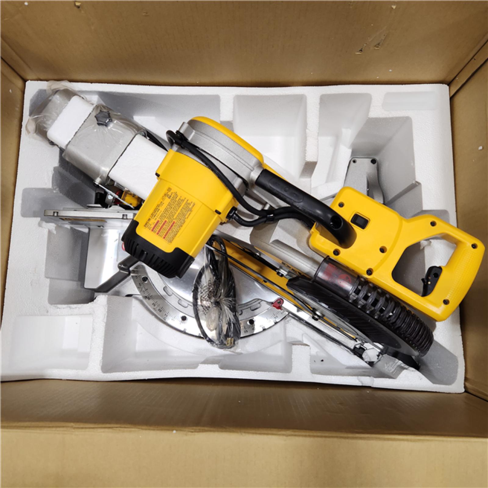 AS-IS DEWALT 15 Amp Corded 12 in. Double Bevel Sliding Compound Miter Saw with XPS Technology, Blade Wrench and Material Clamp