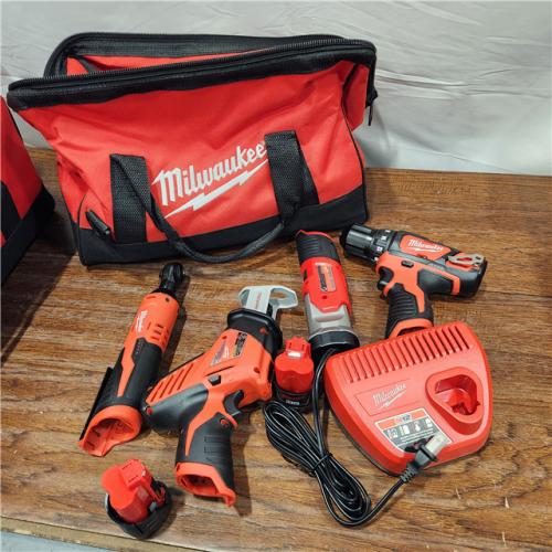 AS-IS MILWAUKEE M12 12V Lithium-Ion Cordless Combo Kit (5-Tool) with Two 1.5Ah Batteries, Charger & Tool Bag