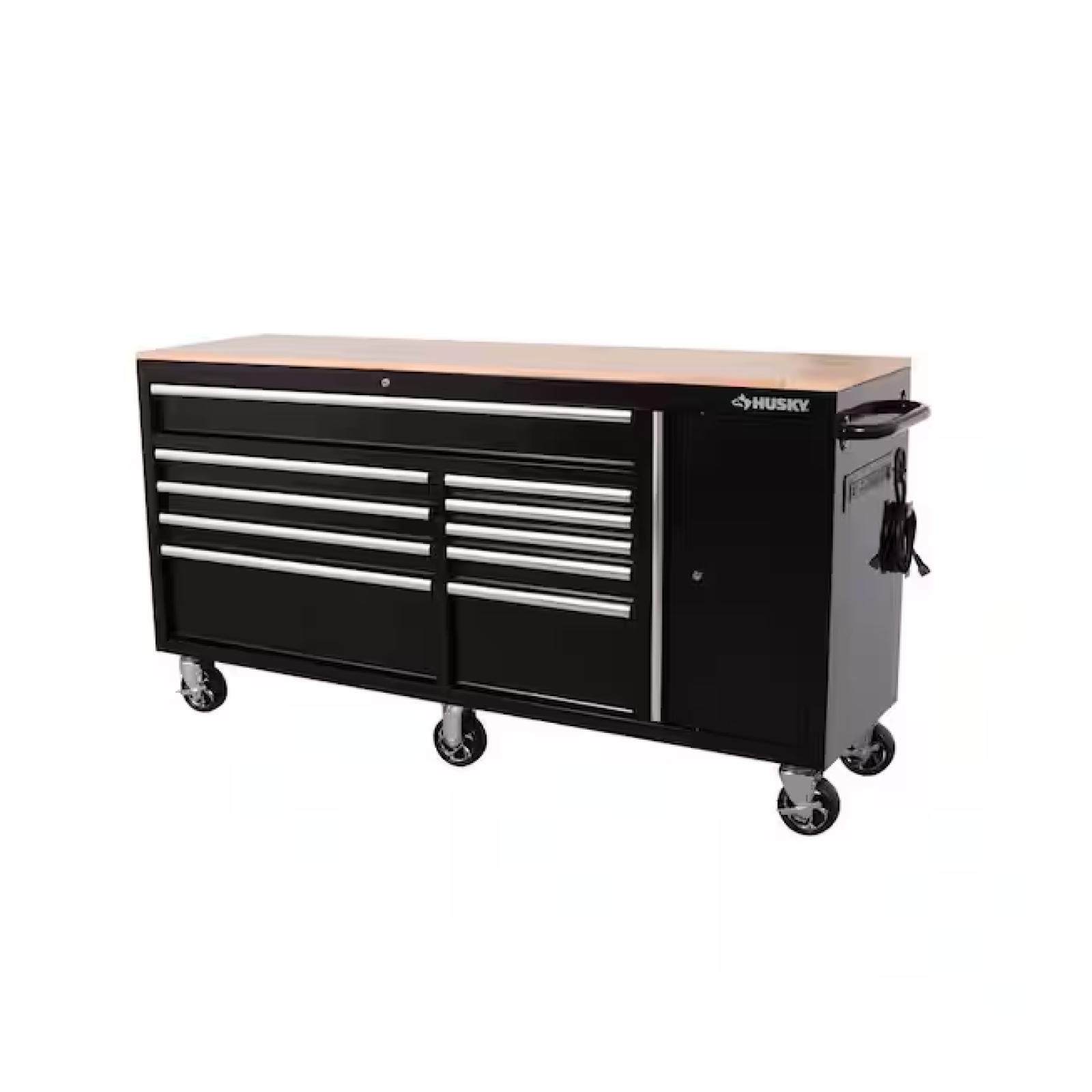 DALLAS LOCATION-Husky Standard Duty 72 in. W x 20 in. D 10-Drawer Black Mobile Workbench Cabinet with Solid Wood Top