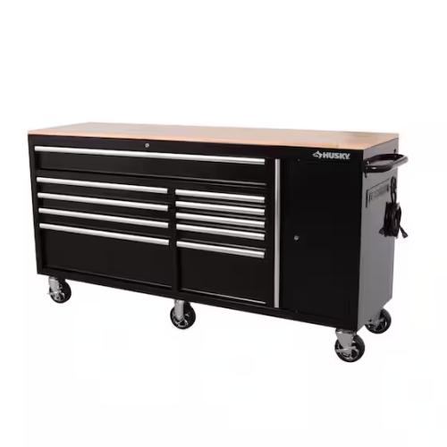 DALLAS LOCATION-Husky Standard Duty 72 in. W x 20 in. D 10-Drawer Black Mobile Workbench Cabinet with Solid Wood Top