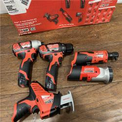 AS-IS MILWAUKEE M12 12V Lithium-Ion Cordless Combo Kit (5-Tool) with Two 1.5Ah Batteries, Charger & Tool Bag