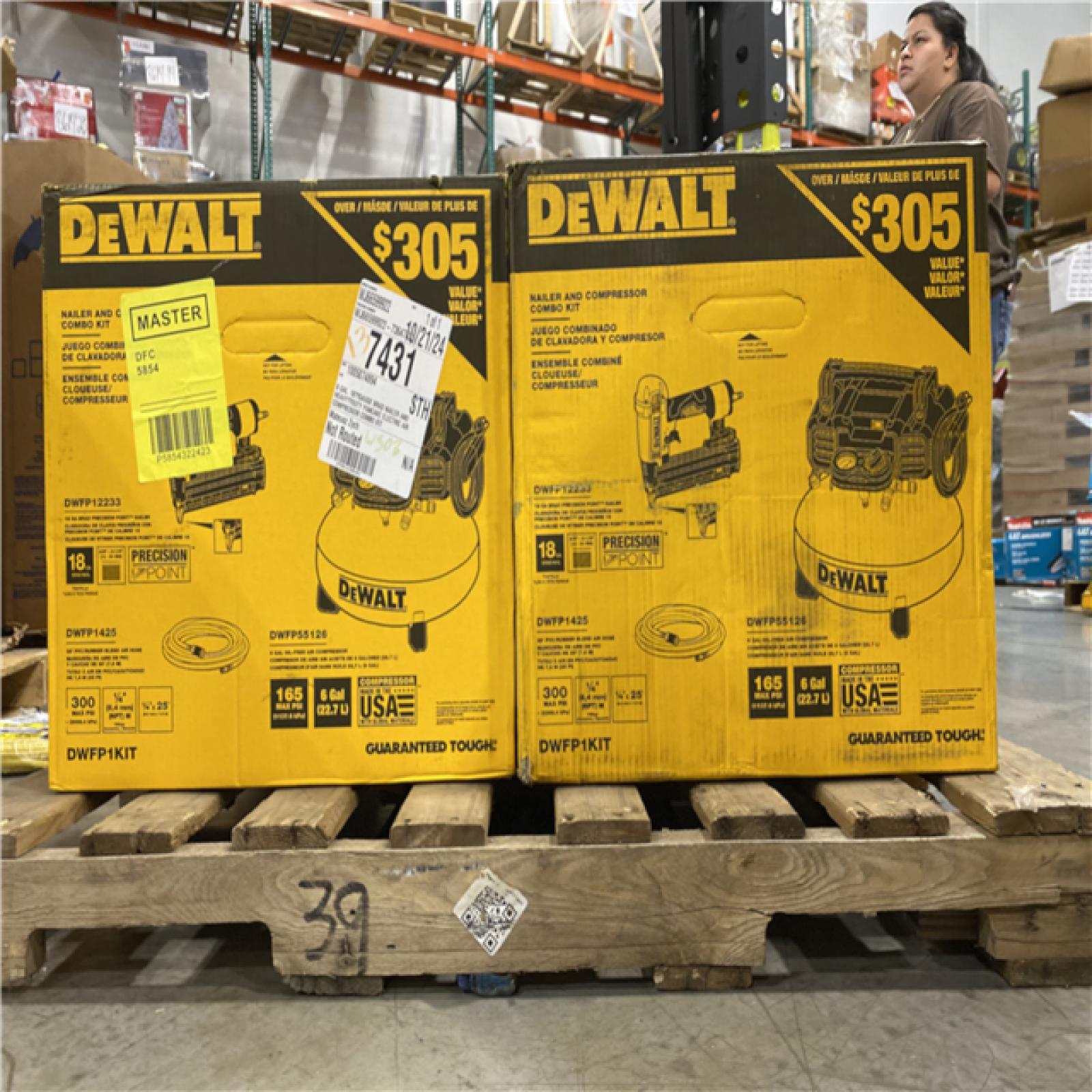 DALLAS LOCATION - NEW! DEWALT 6 Gal. 18-Gauge Brad Nailer and Heavy-Duty Pancake Electric Air Compressor Combo Kit PALLET -(4 UNITS)