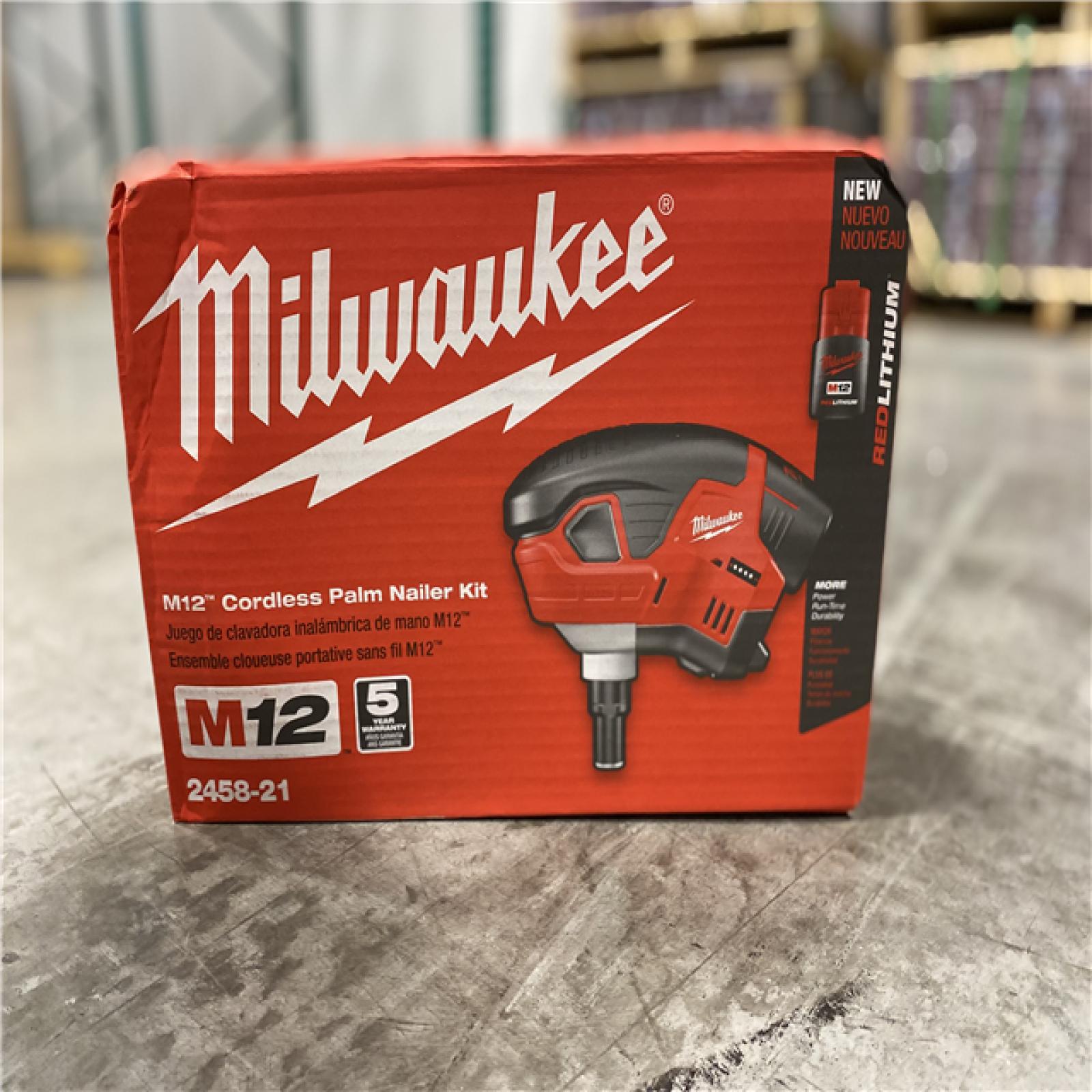 NEW! - Milwaukee M12 12-Volt Lithium-Ion Cordless Palm Nailer Kit with One 1.5Ah Battery, Charger and Tool Bag