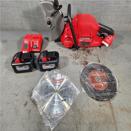 HOUSTON LOCATION - AS-IS (APPEARS LIKE NEW) Milwaukee M18 FUEL ONE-KEY 18-Volt Lithium-Ion Brushless Cordless 9 in. Cut Off Saw Kit W/ (2) 12.0Ah Batteries & Rapid Charger