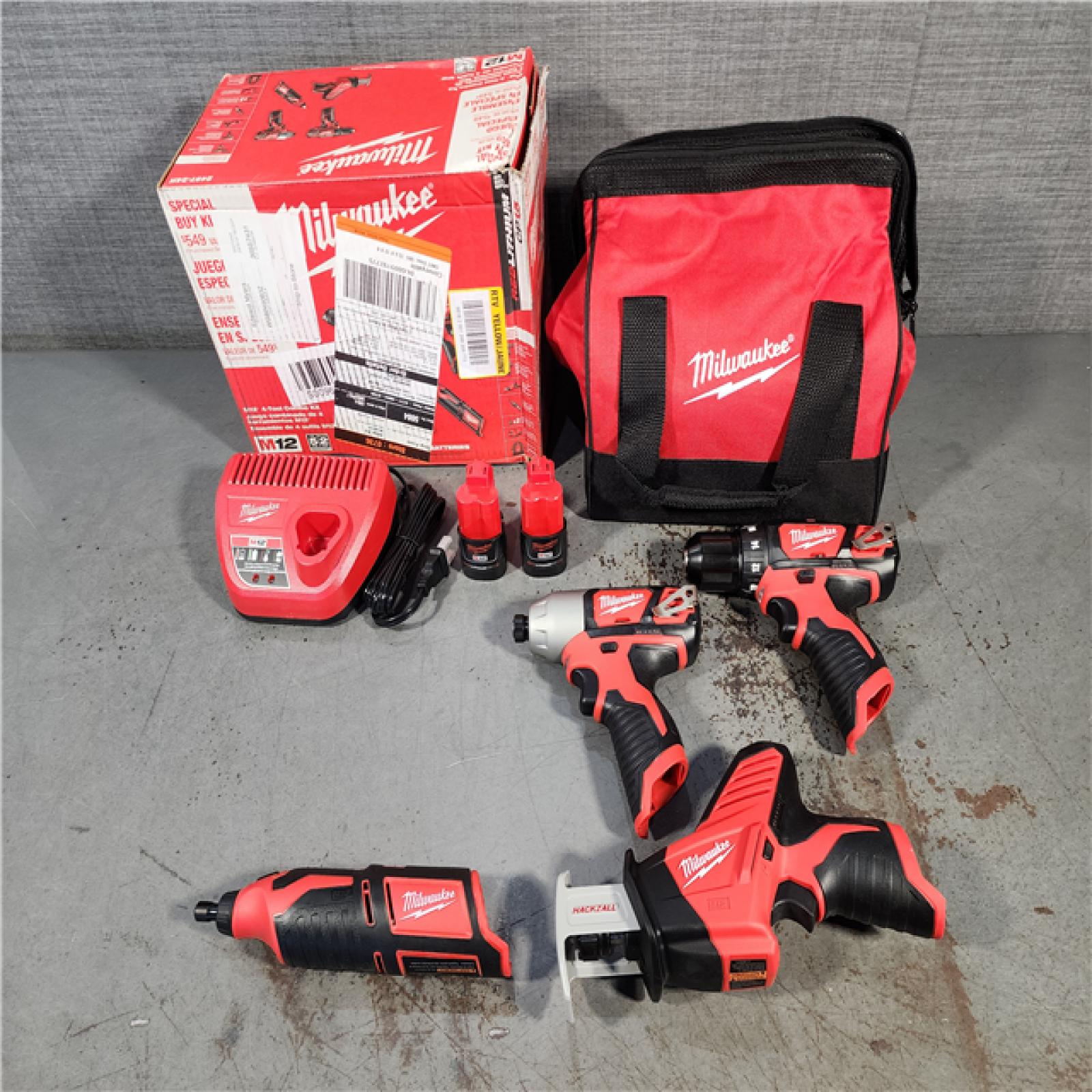 HOUSTON LOCATION - AS-IS (APPEARS LIKE NEW) M12 12V Lithium-Ion Cordless 4-Tool Combo Kit with (2) Compact 1.5Ah Batteries and Charger