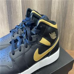 NEW! Big Kids' Air Jordan Retro 1 Mid Casual Shoes in Black/Metallic/Black Size 6.5 Leather