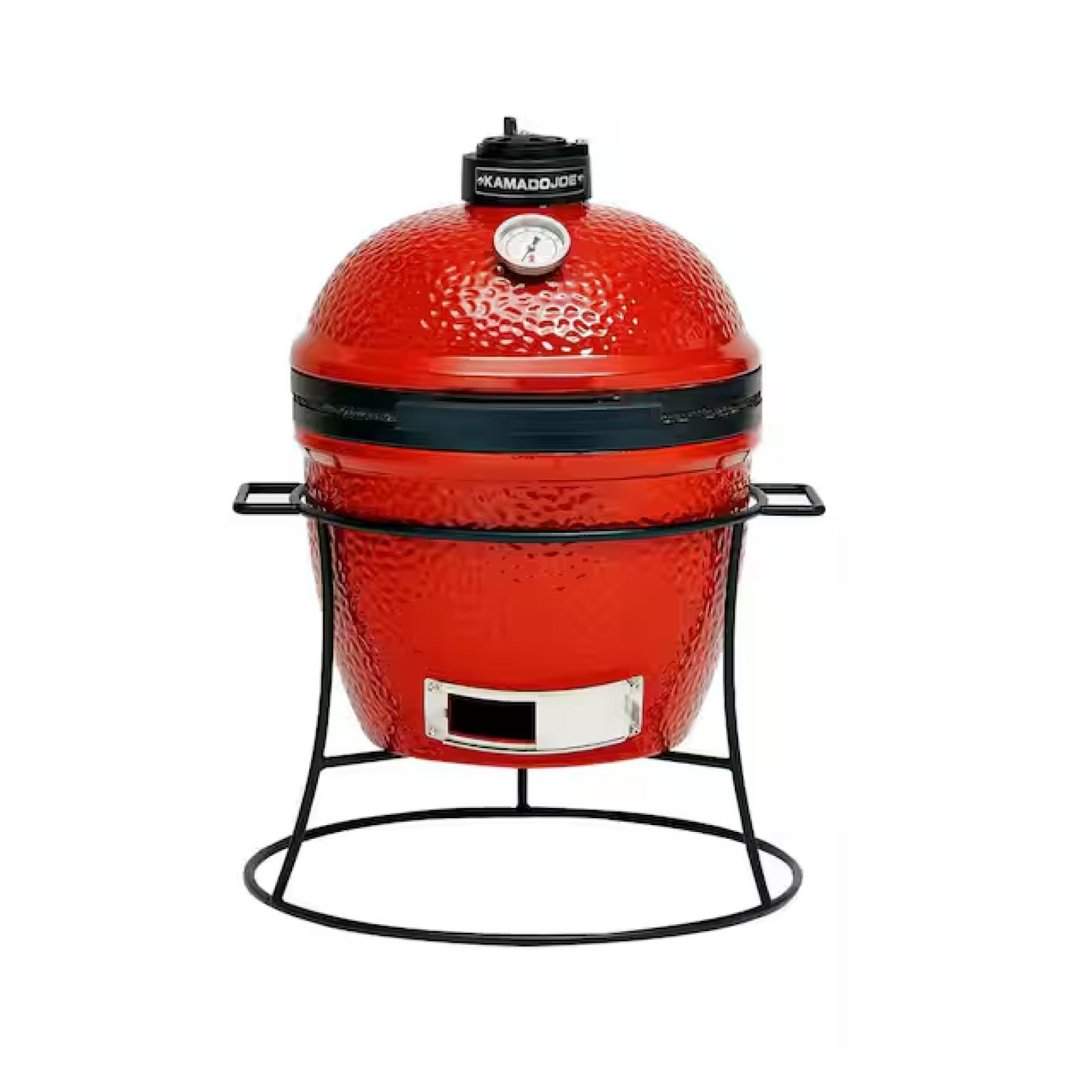 DALLAS LOCATION -  Kamado Joe Joe Jr. 13.5 in. Portable Charcoal Grill in Red with Cast Iron Cart, Heat Deflectors and Ash Tool