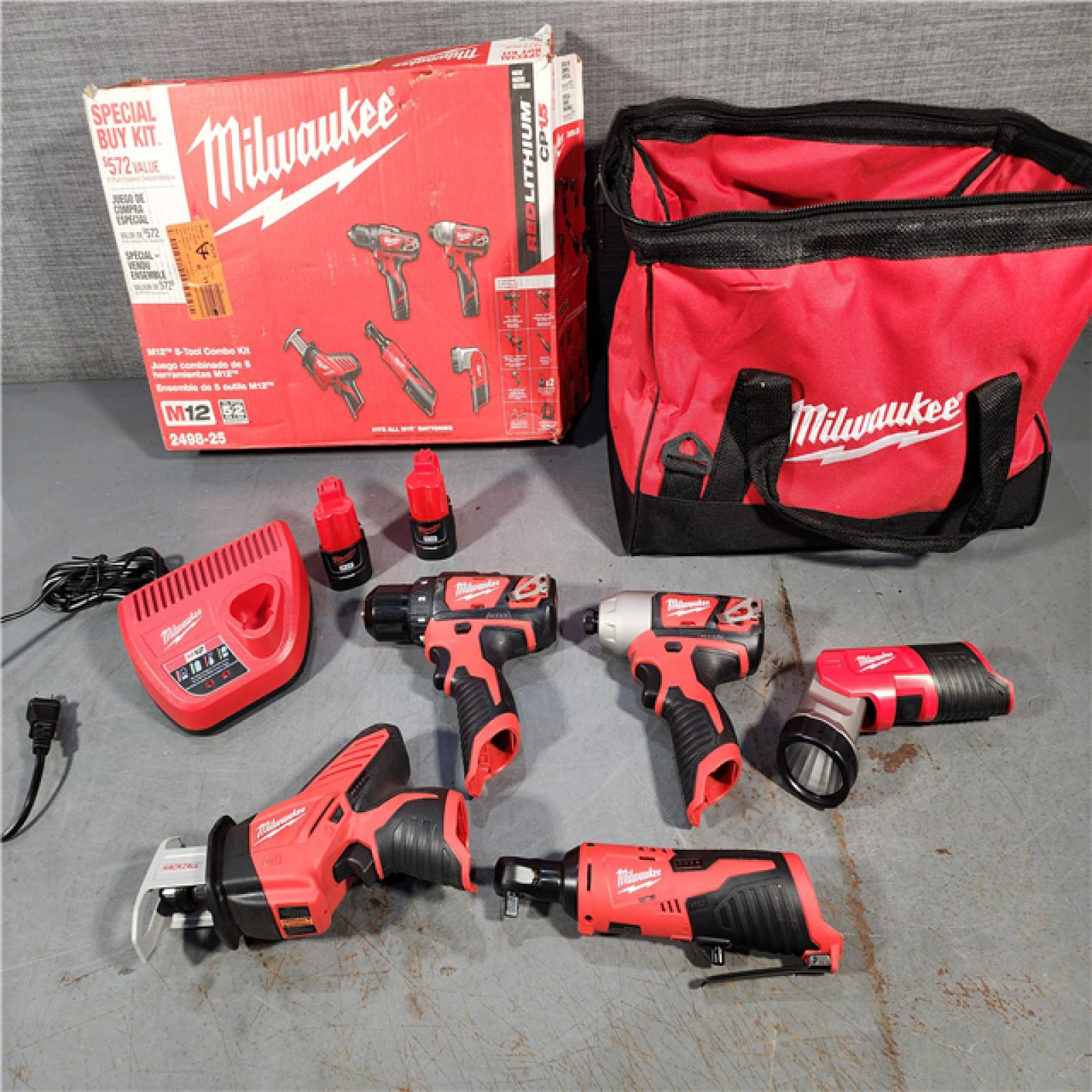 HOUSTON LOCATION - AS-IS MILWAUKEE M12 12V Lithium-Ion Cordless Combo Kit (5-Tool) with Two 1.5Ah Batteries, Charger & Tool Bag